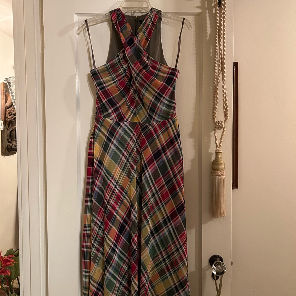 Ralph Lauren Strapless Plaid Midi Dress in Red, Green, Yellow